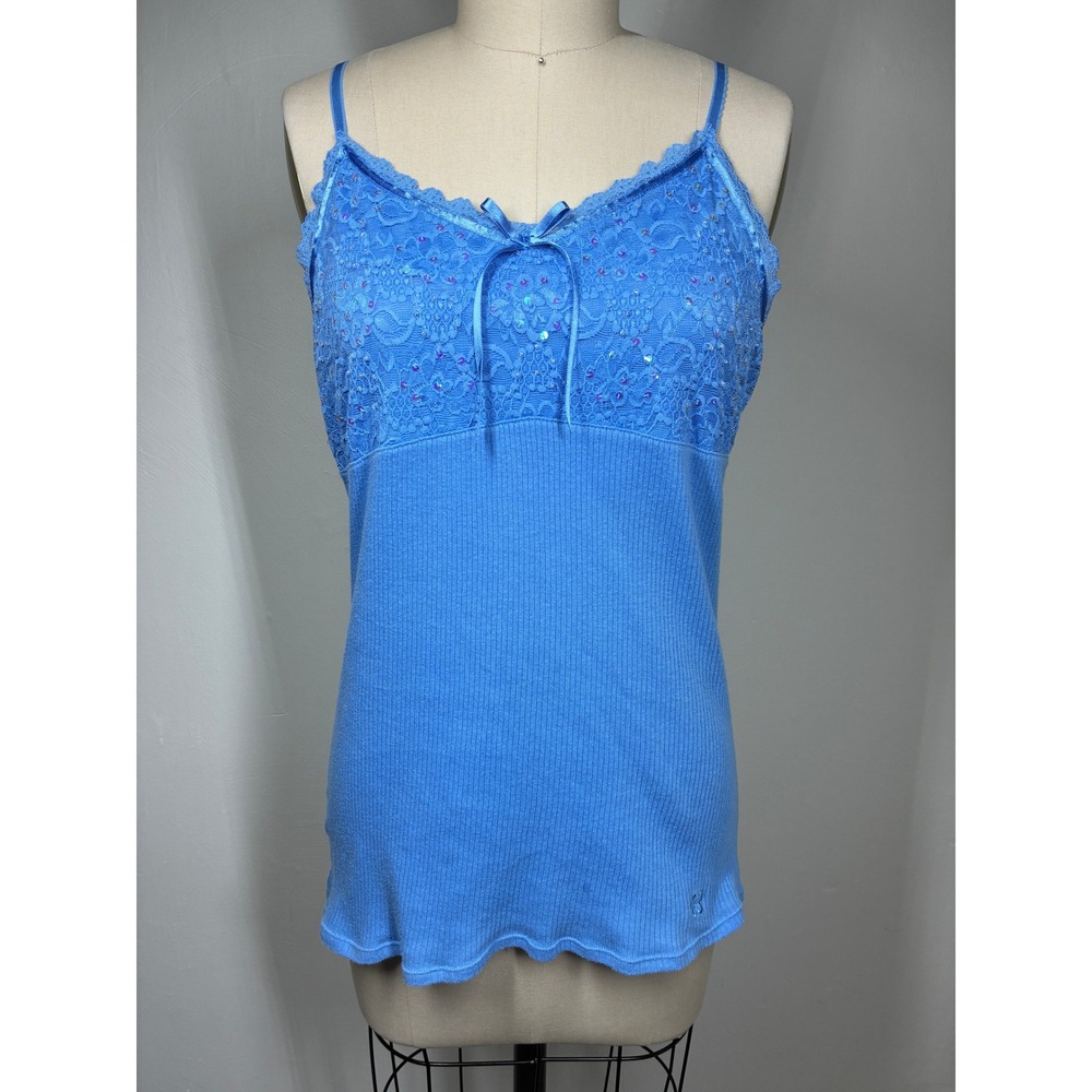 Vintage Y2K Blue Ribbed Cami Tank Top Small Lace Sequin Trim Limited Too Fairy